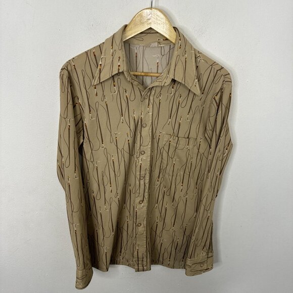 Vintage 70s Disco Men L Mr Jeff Pierre Gerard Polyester Button Shirt Tan L/S - Picture 1 of 5